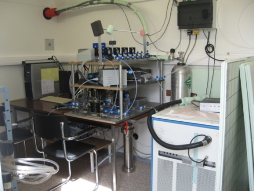 Inside the shelter. You can see the BVOC analyser (Proton Transfer Reaction Mass Spectrometer, on the right), pumps, tubing, calibration bottle, data loggers, vanes multiplexer.